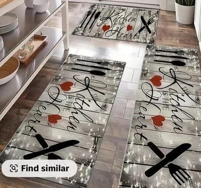 Kitchen Runner Rugs Set of 3, Gray Utensil & Heart Design, 20x32 20x48 20x59