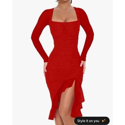 Generic Bodycon Midi Dress S Red Mesh Long Sleeve Square Neck Ruched Ruffle