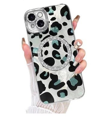 Silver Leopard Print Glitter Magnetic Shockproof Case for iPhone 14 Plus