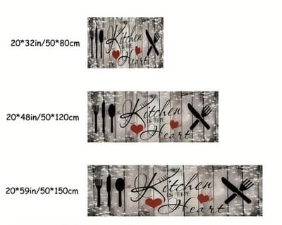 Kitchen Runner Rugs Set of 3, Gray Utensil & Heart Design, 20x32 20x48 20x59 - Thumbnail 2