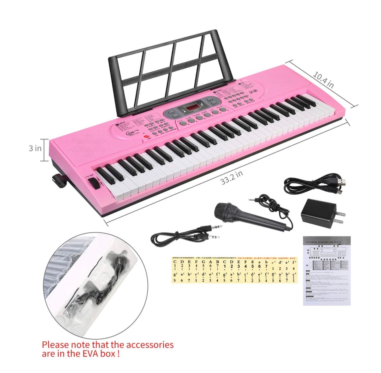 Hricane 61-Key Pink Electronic Keyboard with Microphone - Thumbnail 3