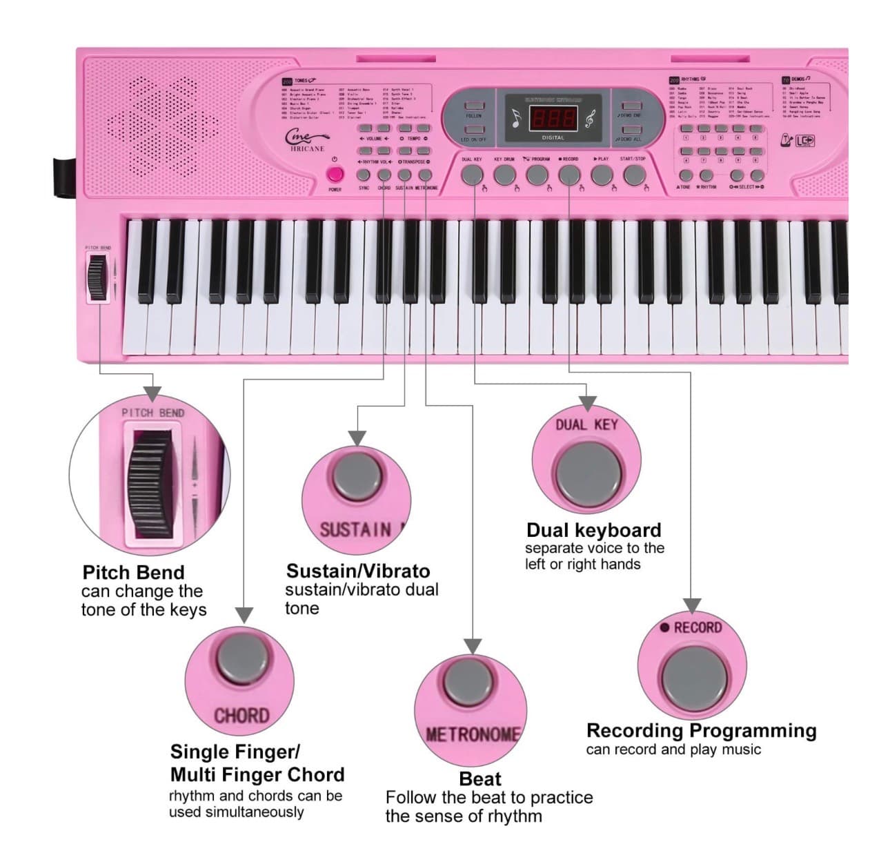 Hricane 61-Key Pink Electronic Keyboard with Microphone - Thumbnail 5