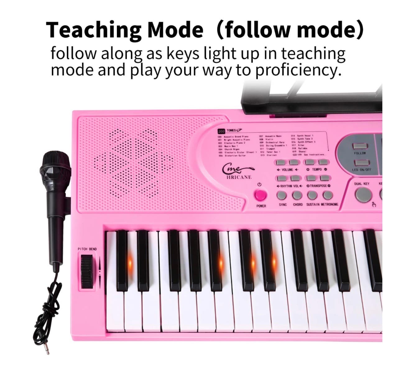 Hricane 61-Key Pink Electronic Keyboard with Microphone - Thumbnail 6