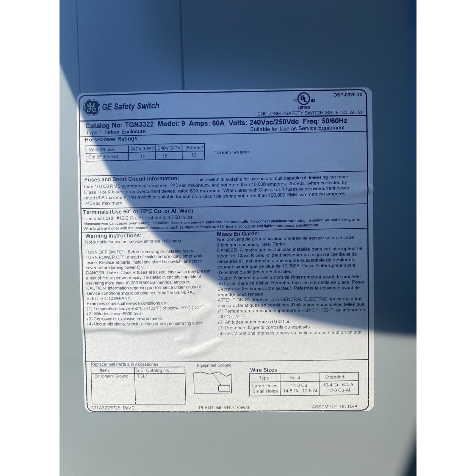 GE TGN3322 240VAC 60 A General Duty Non-Fusible Safety Switch - Excellent Cond. - Thumbnail 3