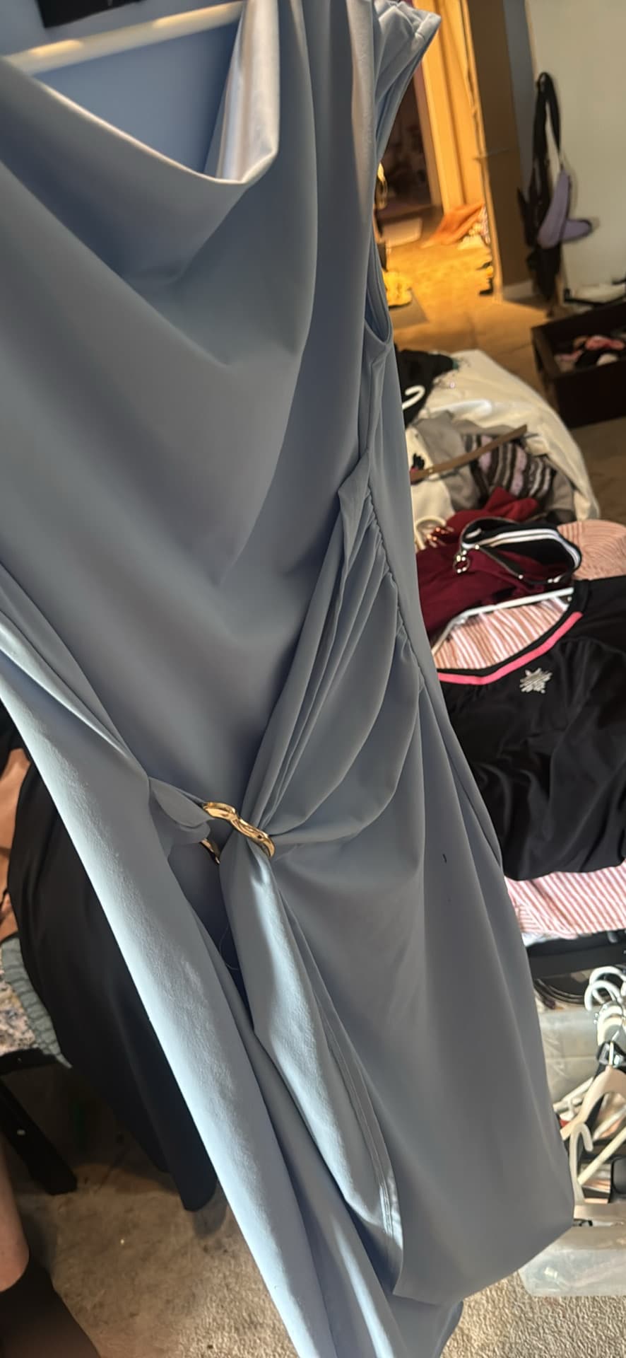 Zesica Blue Draped Dress with Gold Accent Size S