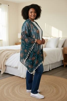 Green Floral Sheer Kimono With Fringe - Image 1