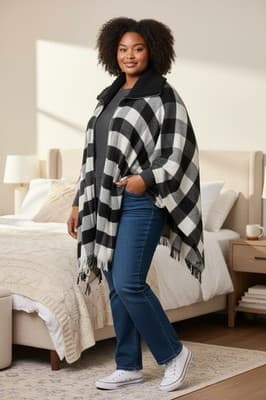 Lucky Belle Poncho Cape Women’s One Size Fringe Plaid Black white buffalo check - Image 1