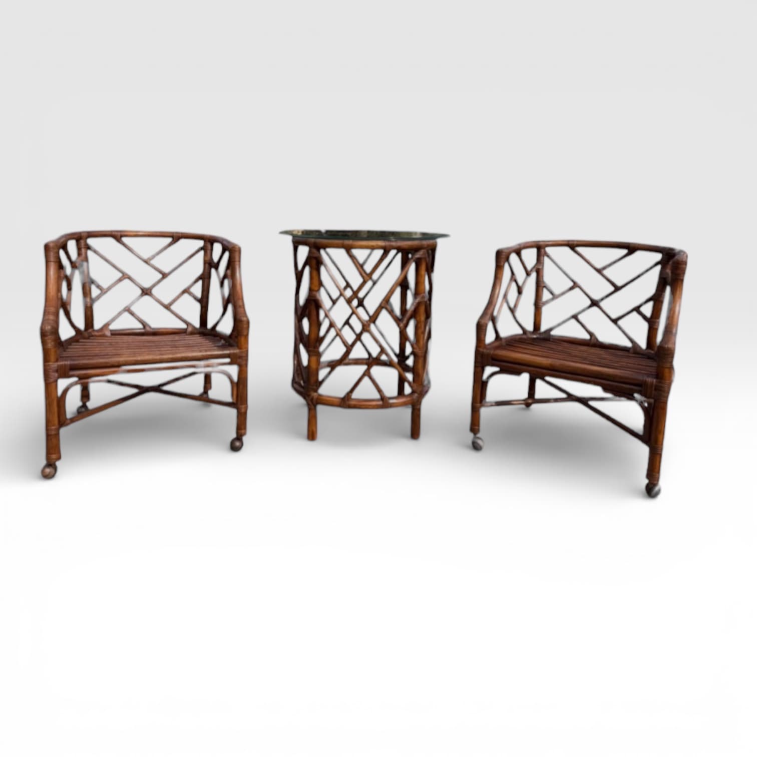 Chinese Chippendale Style Rattan Rolling Chairs and table - Image 1