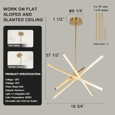 C Cattleya 4 -Light Gold Modern/contemporary Sputnik Integrated LED Medium... - Thumbnail 2