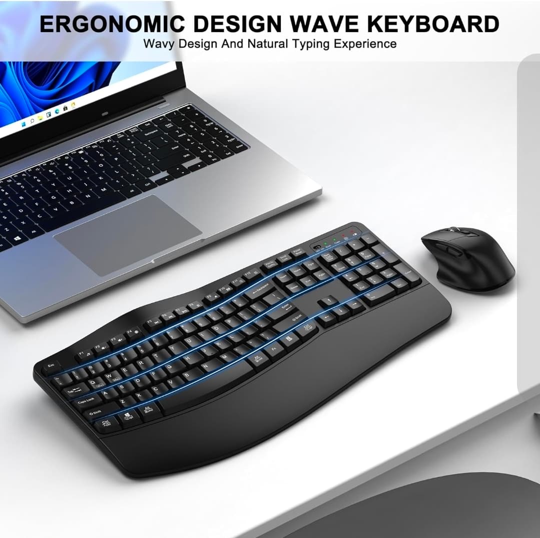 Ergonomic Wireless Keyboard and Mouse Combo with USB Receiver Mdl EK30 - Black - Thumbnail 2
