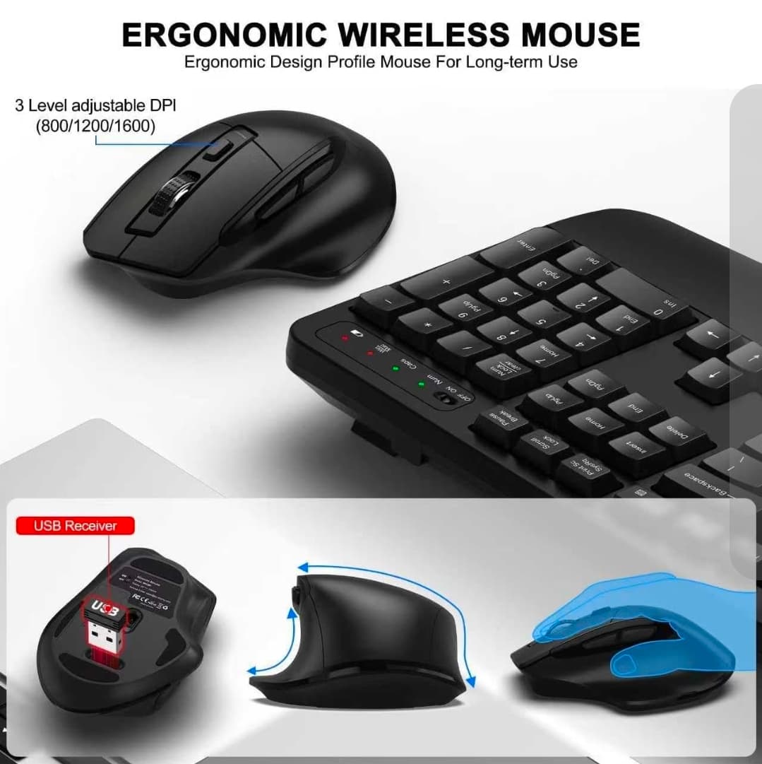 Ergonomic Wireless Keyboard and Mouse Combo with USB Receiver Mdl EK30 - Black - Thumbnail 4