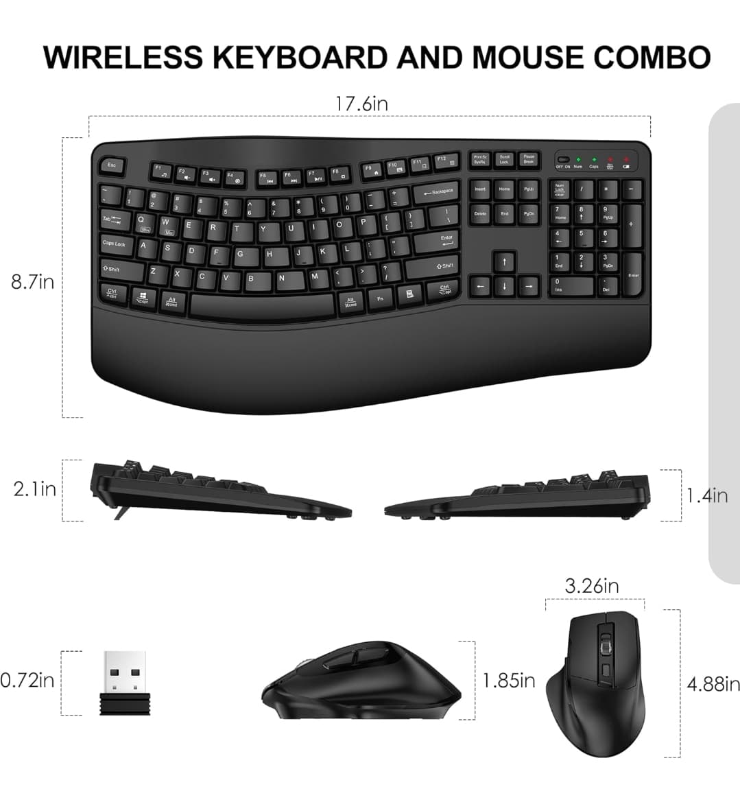 Ergonomic Wireless Keyboard and Mouse Combo with USB Receiver Mdl EK30 - Black - Thumbnail 8
