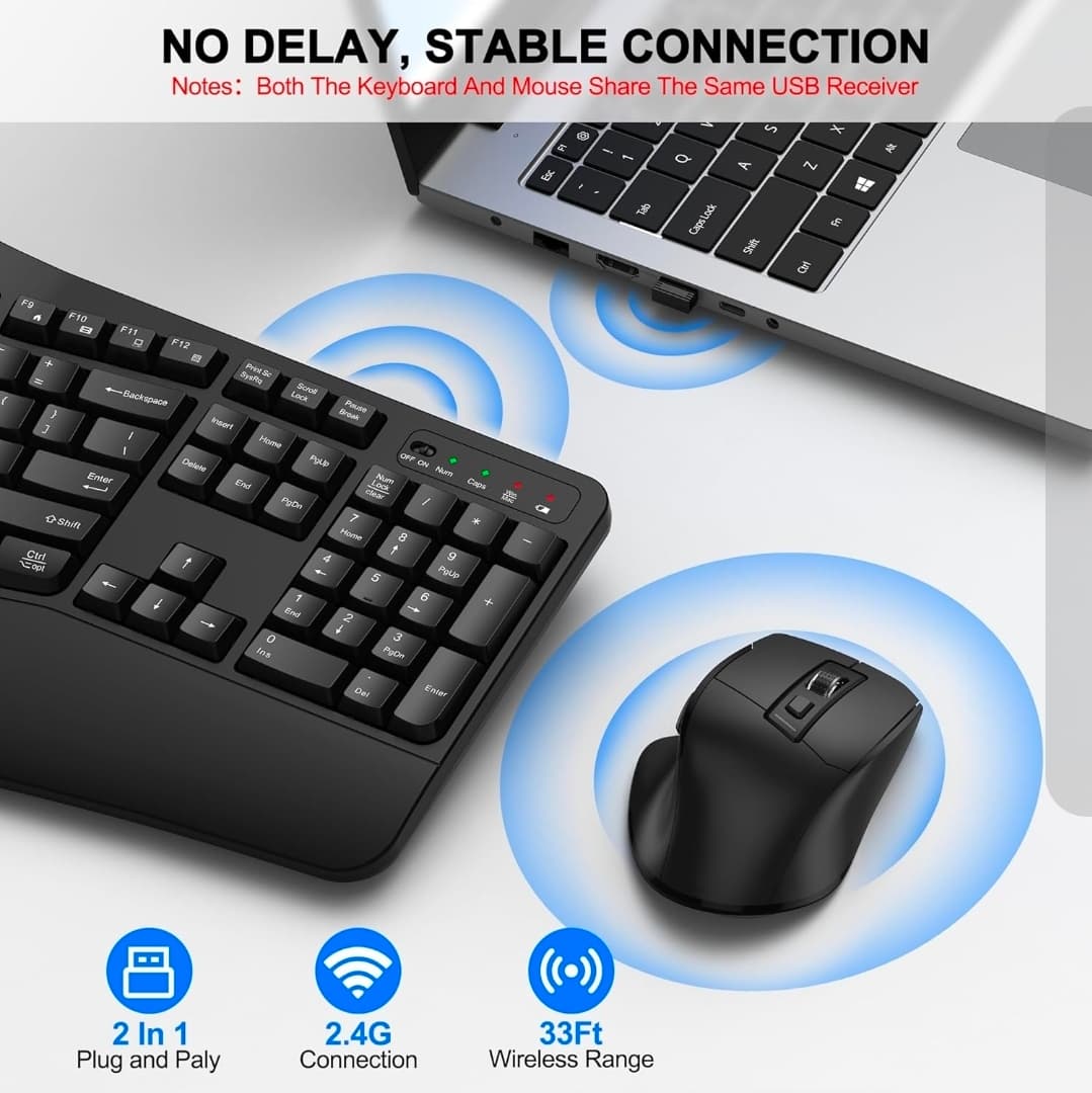 Ergonomic Wireless Keyboard and Mouse Combo with USB Receiver Mdl EK30 - Black - Thumbnail 5