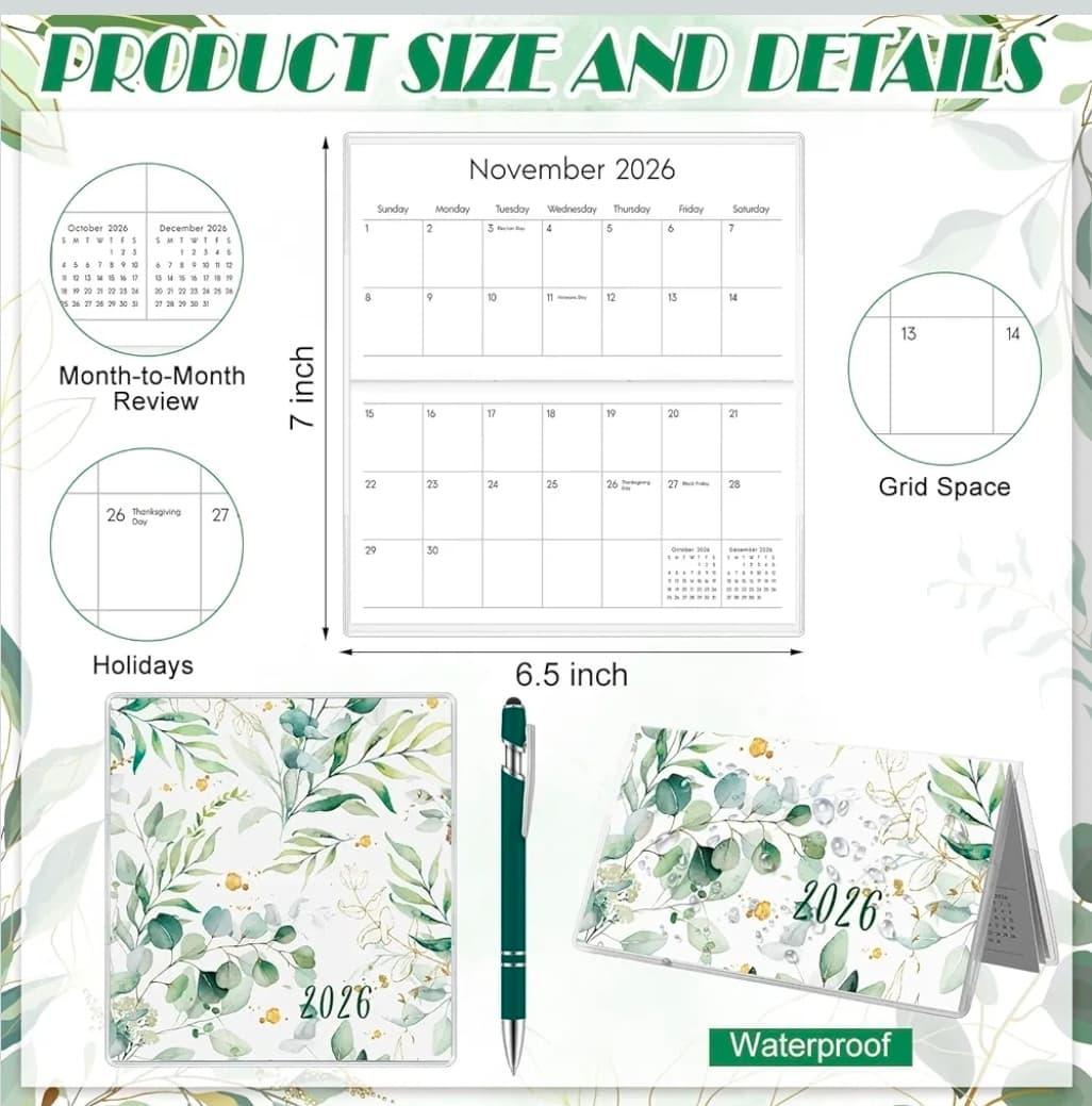 2026 Monthly Planner with Pen, 6.5x7 Inch, Leaf Design - Thumbnail 4