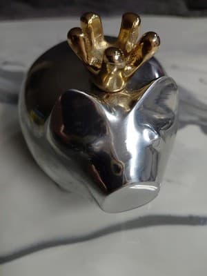 Silver Tone Piggy Bank with Gold Crown by Lunares San Francisco Handcrafted - Thumbnail 3