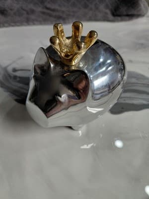 Silver Tone Piggy Bank with Gold Crown by Lunares San Francisco Handcrafted - Thumbnail 2