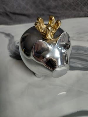 Silver Tone Piggy Bank with Gold Crown by Lunares San Francisco Handcrafted - Image 1