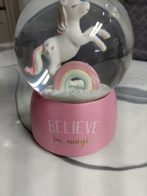 Believe In Magic Musical Unicorn & Rainbow Snow Globe With Pink Base