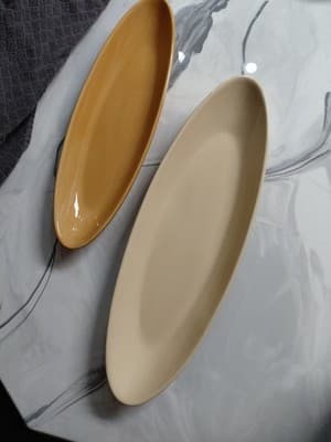 Wonderful Oval Pottery Barn Bread/Oil Plates (2) Orange & Tan Ceramic SORRENTO - Image 1
