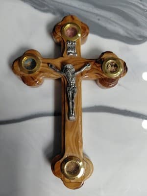 Crucifix INRI Olive Wood Hanging Wall Cross From Holy Land Jerusalem Relic Inlay - Image 1