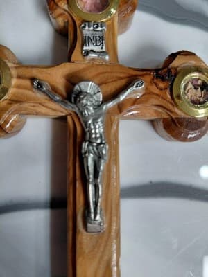 Crucifix INRI Olive Wood Hanging Wall Cross From Holy Land Jerusalem Relic Inlay - Thumbnail 2