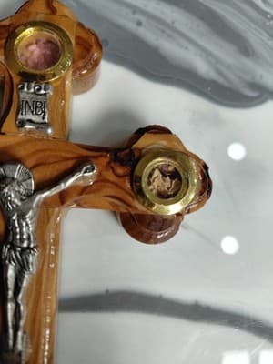 Crucifix INRI Olive Wood Hanging Wall Cross From Holy Land Jerusalem Relic Inlay - Thumbnail 3