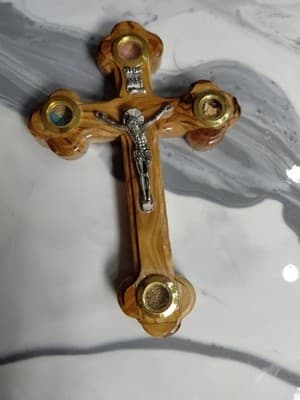 Crucifix INRI Olive Wood Hanging Wall Cross From Holy Land Jerusalem Relic Inlay - Thumbnail 6