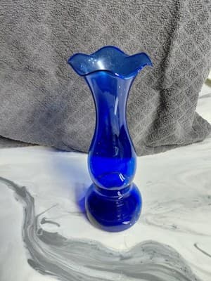 Small Cobalt Blue Glass Bud Vase with Ruffled Rim Hand Blown, Vintage