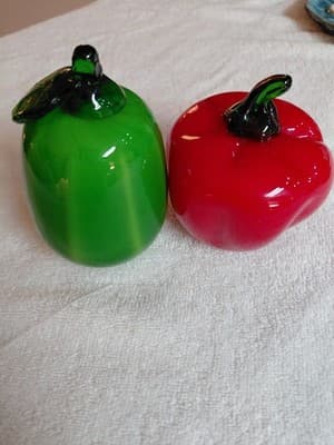 Odd Vintage Hand Blown Glass 1 Green Pear & 1 Red Pepper!
