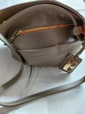 Valentina Taupe Pebbled Leather Shoulder Bag Gold Hardware Bag Charm