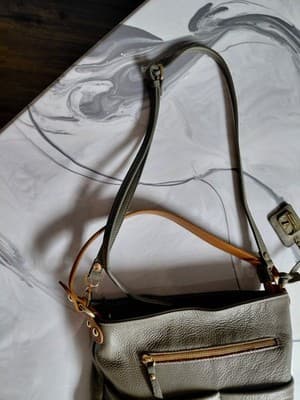 Valentina Taupe Pebbled Leather Shoulder Bag Gold Hardware Bag Charm - Thumbnail 10