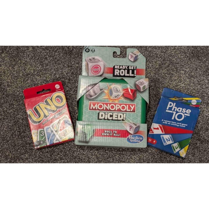 Monopoly Diced, UNO, and Phase 10. 3 great games. Brand new - Image 1