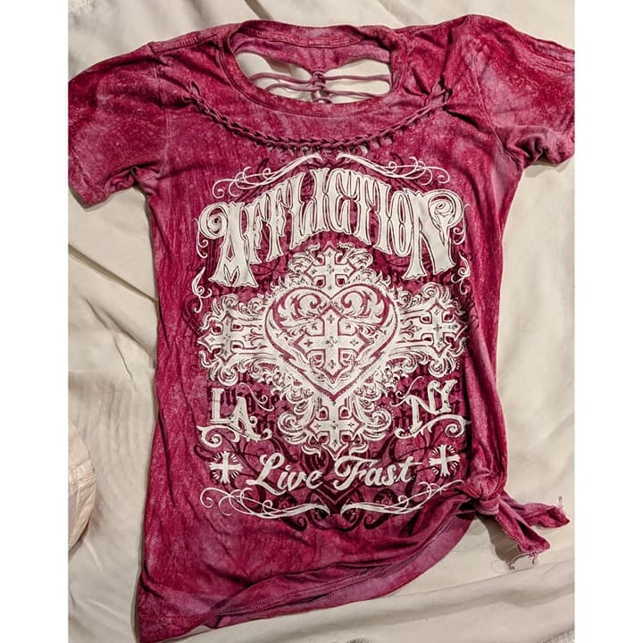 Affliction Womens Pink Graphic Distressed Cross Strap T Shirt Small - Thumbnail 3