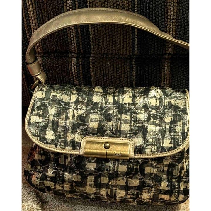 Coach Metallic Black Button Closure Shoulder Bag Gold Accents - Image 1