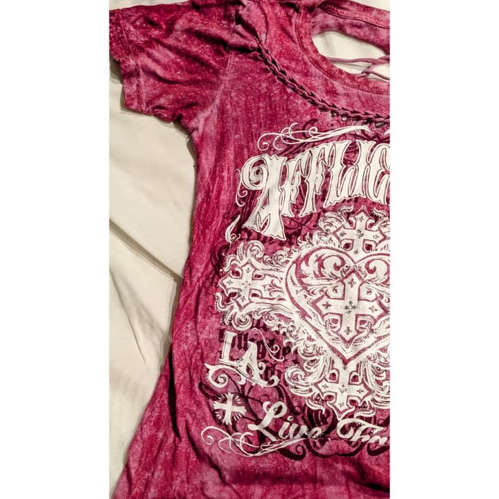 Affliction Womens Pink Graphic Distressed Cross Strap T Shirt Small - Thumbnail 7