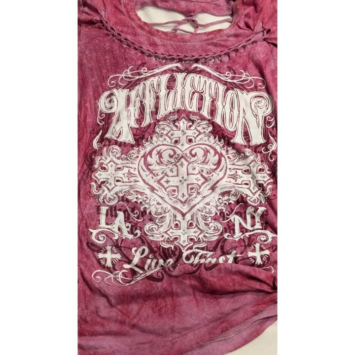 Affliction Womens Pink Graphic Distressed Cross Strap T Shirt Small - Thumbnail 8