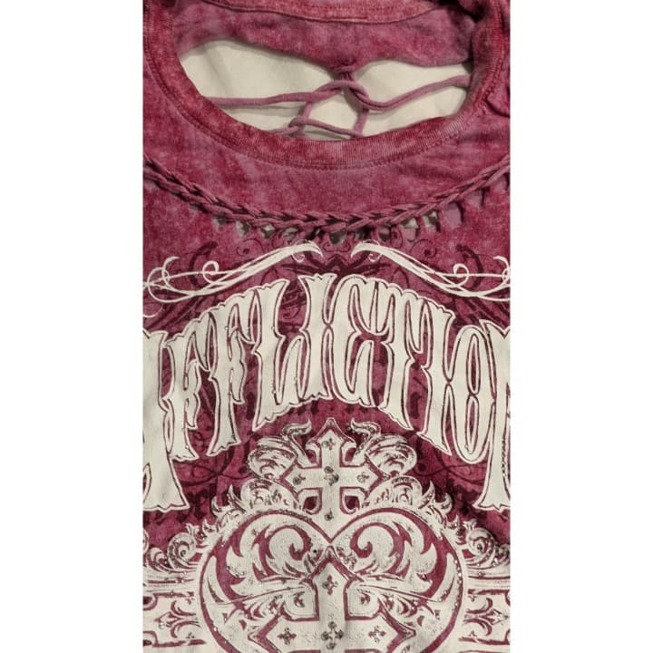 Affliction Womens Pink Graphic Distressed Cross Strap T Shirt Small - Image 1