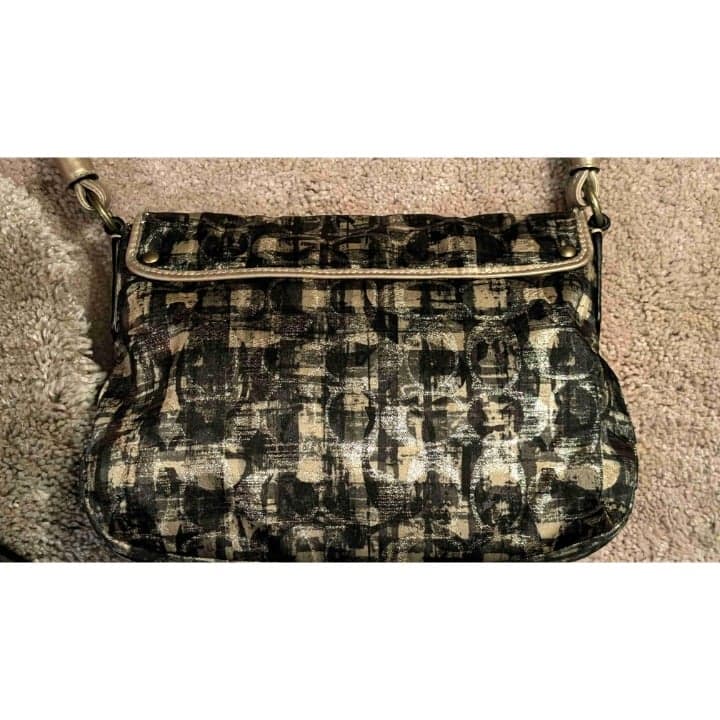 Coach Metallic Black Button Closure Shoulder Bag Gold Accents - Thumbnail 4