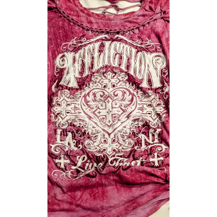 Affliction Womens Pink Graphic Distressed Cross Strap T Shirt Small - Thumbnail 6