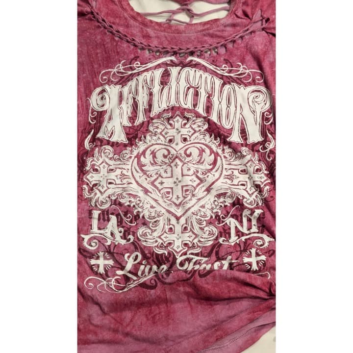 Affliction Womens Pink Graphic Distressed Cross Strap T Shirt Small - Thumbnail 2