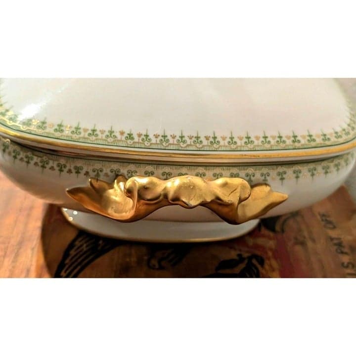 LIMOGES FRANCE JEAN POUYAT - COVERED HANDLED SERVING DISH Gold/Green Trim 8in - Thumbnail 8