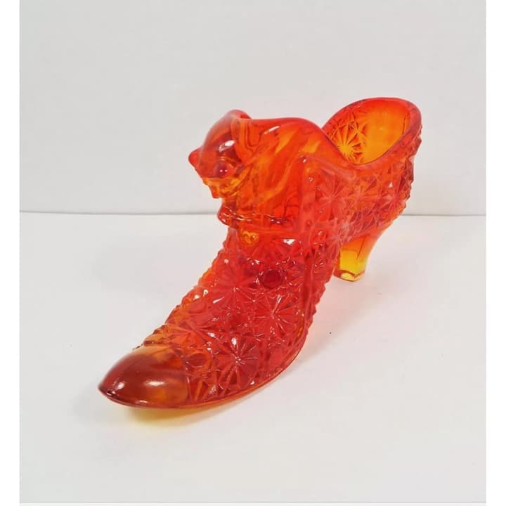 Fenton Amberina Glass Decorative Shoe Cat Motif Vintage 5 1/2"