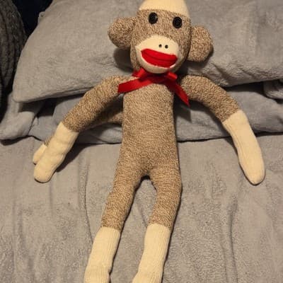 Handmade Sock Monkey Stuffed Animal Large 24-36 in with Red Bow Ribbon - Image 1