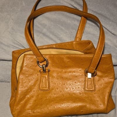 Tan Ostrich Finish Satchel Top Handle Bag with Ring Accents Double Handles - Image 1