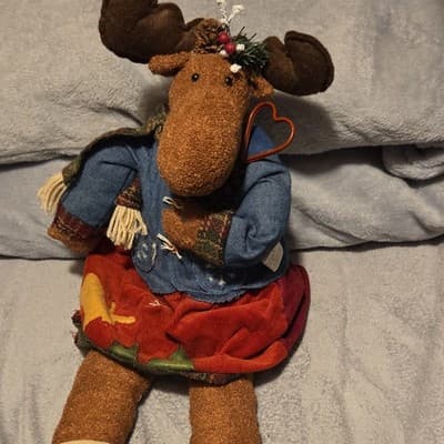 Plush Moose Christmas Holiday Figurine with Red Skirt and Blue Jacket - Image 1