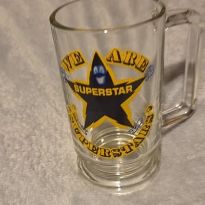 Glass Mug 'We Are Superstars' Painted Stars Design Clear Handle Round - Image 1