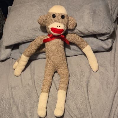 Handmade Sock Monkey Stuffed Animal Large 24-36 in with Red Bow Ribbon - Thumbnail 2