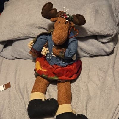 Plush Moose Christmas Holiday Figurine with Red Skirt and Blue Jacket - Thumbnail 2