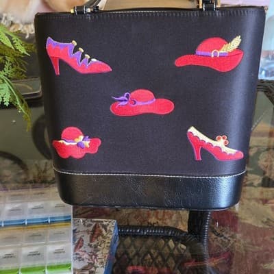 Black Embroidered Shoulder Bag Red Hats Shoes Handles Women’s - Image 1