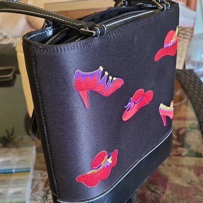 Black Embroidered Shoulder Bag Red Hats Shoes Handles Women’s - Thumbnail 2